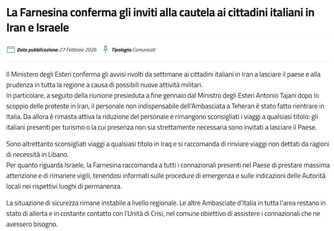 "The Italian Ministry of Foreign Affairs (Farnesina) has reiterated its long-standing advisory for Italian citizens in Iran to leave the country. This warning comes amid…