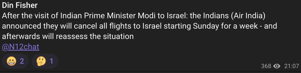 Retweeted by @Faytuks from @Faytuks: Air India will cancel all flights to Israel starting on Sunday, according to N12 News. The flights will be cancelled for 1 week before…