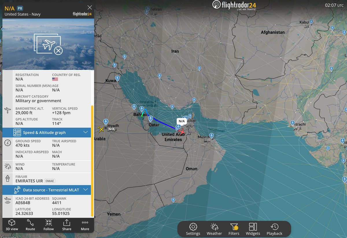 #USN 🇺🇸 P-8A Poseidon (AE684B) takes off from Bahrain for another day of ISR/ASuW mission over the Gulf of Oman / Persian Gulf.