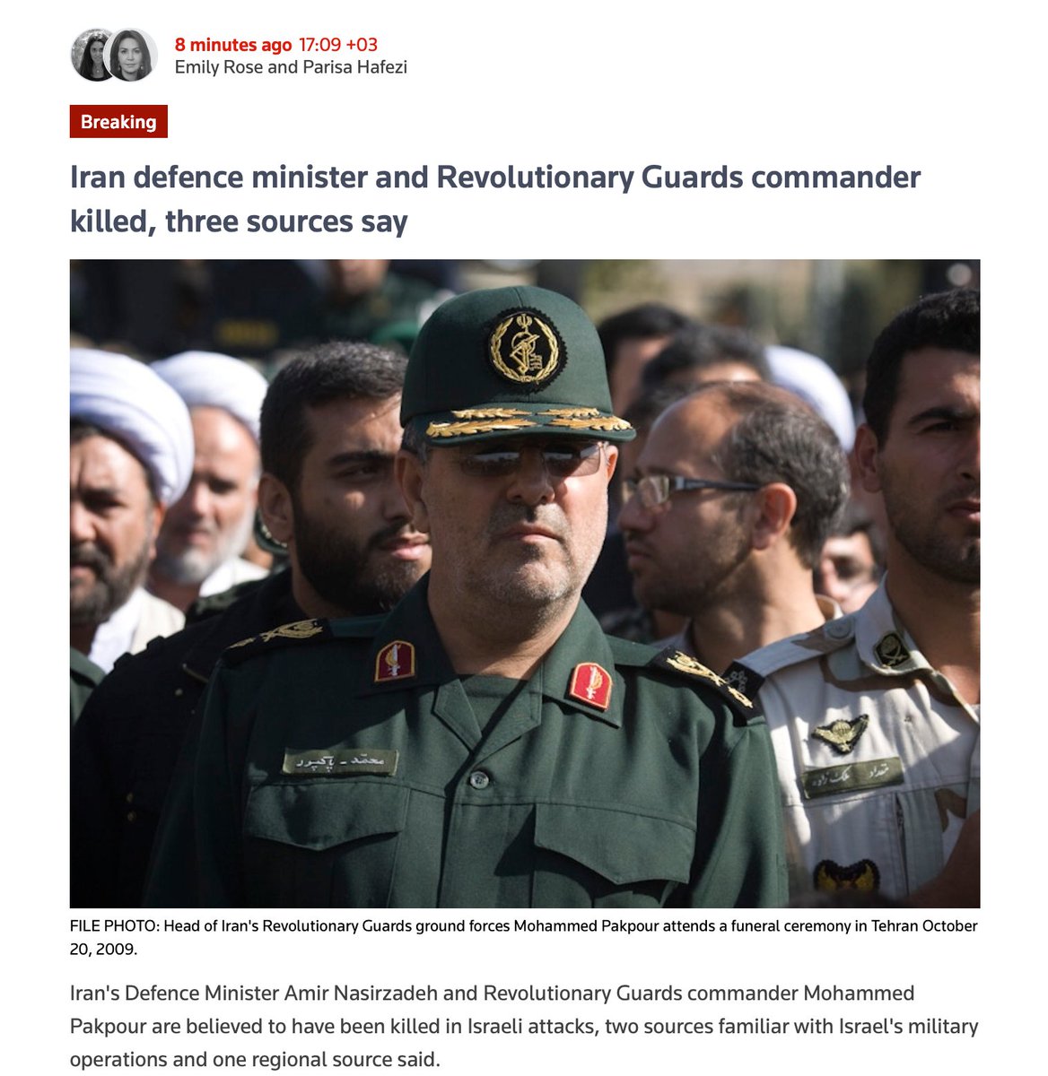 Reuters: Iranian Defense Minister, Aziz Nasirzadeh And IRGC Commander Mohammad Pakpour were both killed. Quoted tweet from @hey_itsmyturn: Iranian Defense Minister, Aziz…