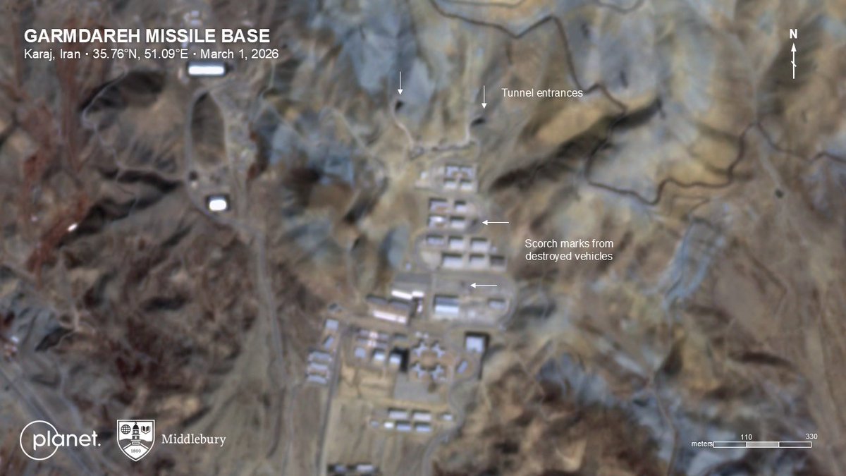 Retweeted by @hey_itsmyturn from @sam_lair: Garmdareh missile base near Tehran struck Scorch marks from damaged or destroyed vehicles are visible in the 3 meter imagery from our…