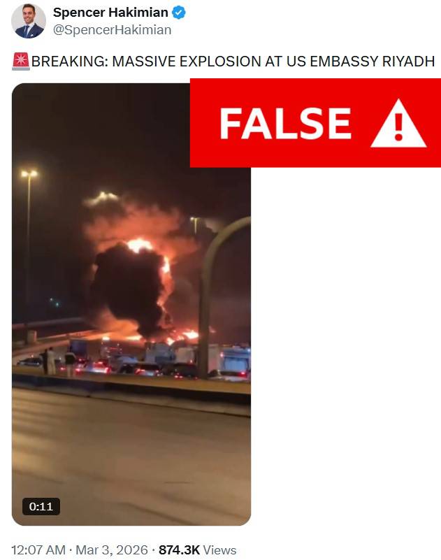 A thread by Shayan86 debunks two viral videos: one falsely claims a drone attack on the US embassy in Riyadh, and another misrepresents old footage of Iranian missiles over Dubai.