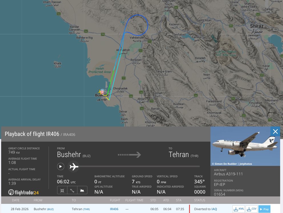 State-affiliated agencies reported that an [Iran Air] Airbus A319 was destroyed following the airstrikes on Bushehr airport, it was reportedly EP-IEP (Hex:7324B0)
Its last flight was diverted back to the Bushehr airport shortly after take off (as the war started)
#Iran #Bushehr