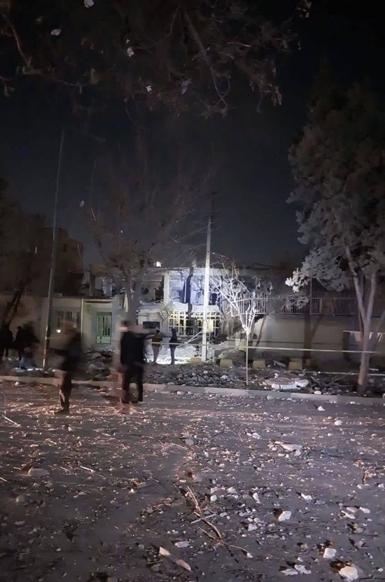 Retweeted imagery shows damage from recent US/Israeli strikes on Kermanshah, Iran, with Police Station 22 / Cyber Police (FATA) hit.