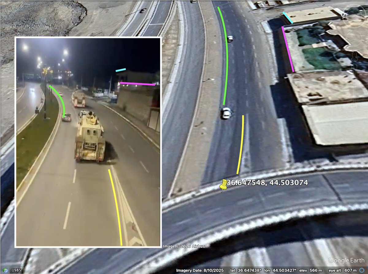 A geolocated tweet shows military vehicles moving east on a highway west of Soran, Iraq.