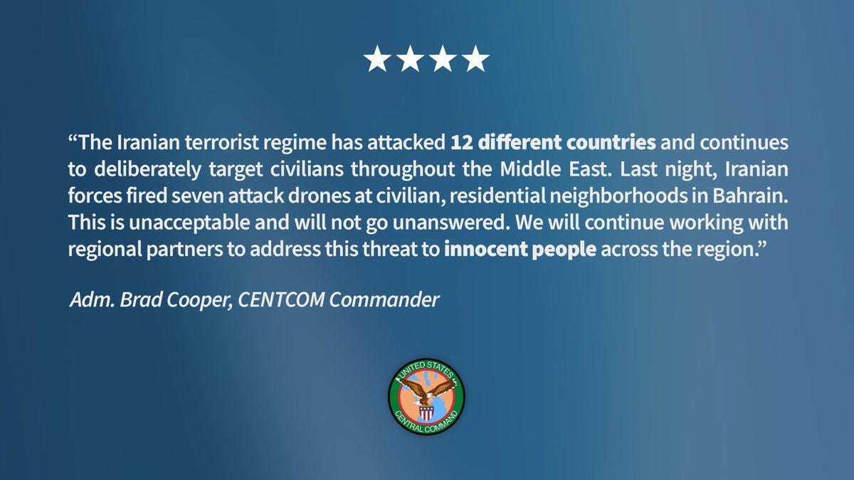 Retuiteado por @hey_itsmyturn de @CENTCOM: Declaración del Almirante Brad Cooper, comandante de CENTCOM: