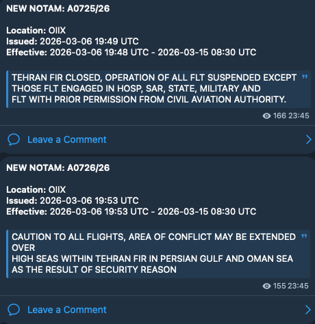 سومین تمدید NOTAM، بسته بودن منطقه پروازی تهران تا ۱۵ مارس ۲۰۲۶ ساعت ۰۸:۳۰ UTC (به این معنی نیست که جنگ تا آن زمان تمام شود) https://t.me/irannotam/2008