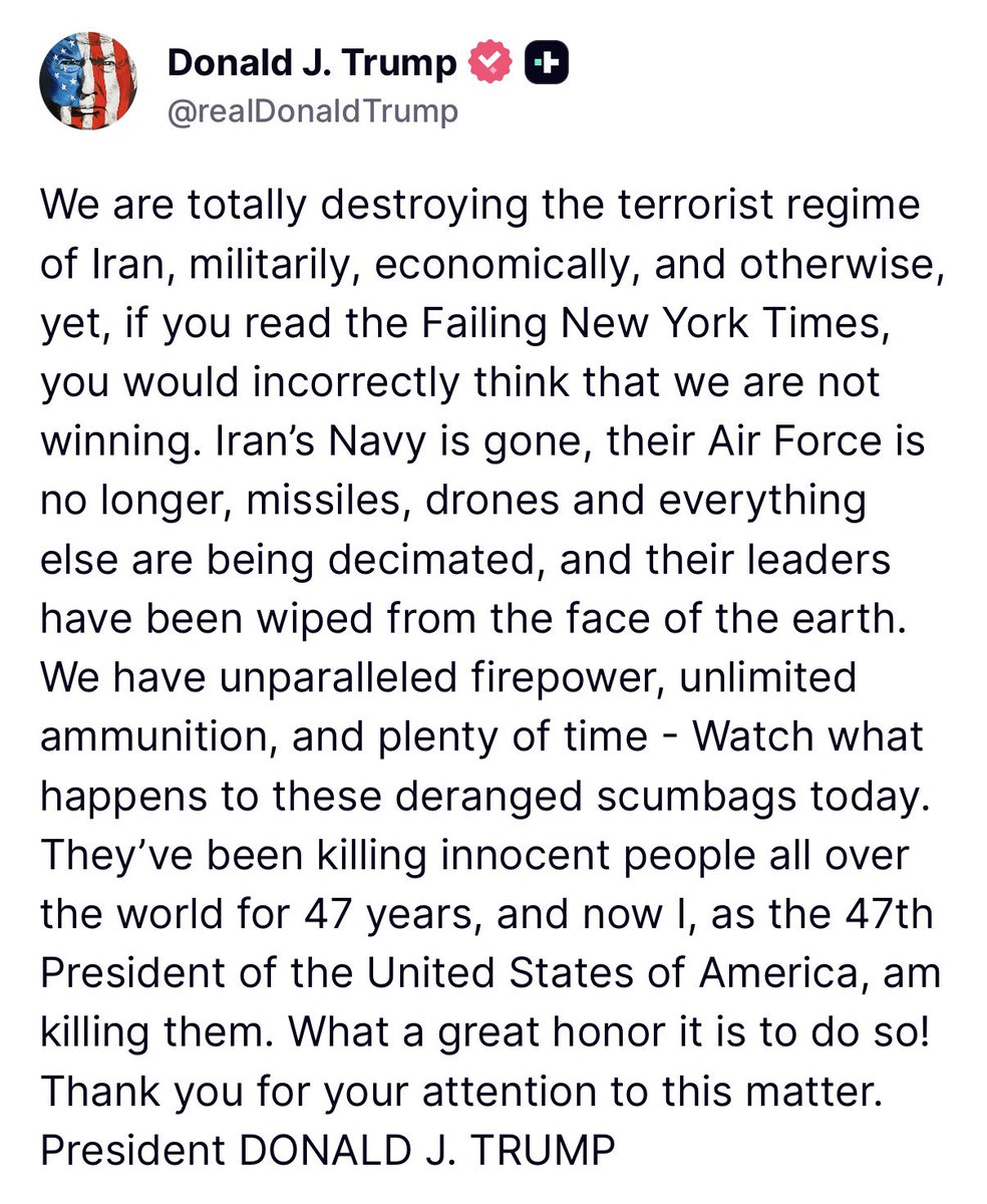 بازنشر شده توسط @hey_itsmyturn از @WhiteHouse: «ما در حال نابودی کامل رژیم تروریستی ایران هستیم، از نظر نظامی، اقتصادی و غیره، با این حال، اگر…