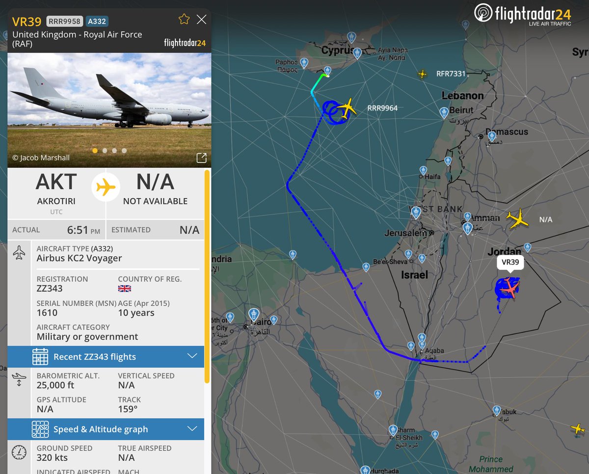 #RAF 🇬🇧 طائرات دورية جوية فوق جنوب شرق الأردن، على الأرجح في مهمة اعتراض، ناقلة جوية للتزود بالوقود