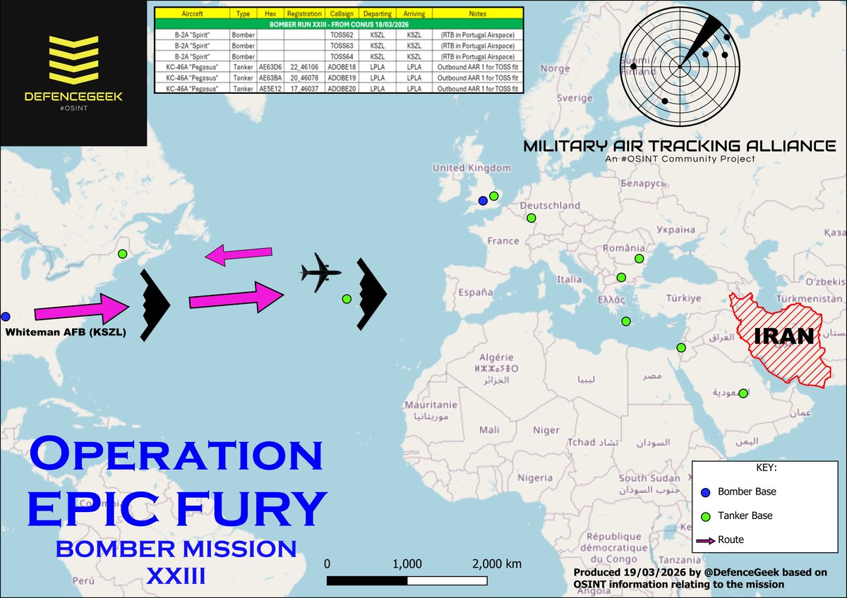 OSINT analysis reveals US B-2 stealth bombers on a mission toward Iran aborted and returned to the US for unclear reasons.