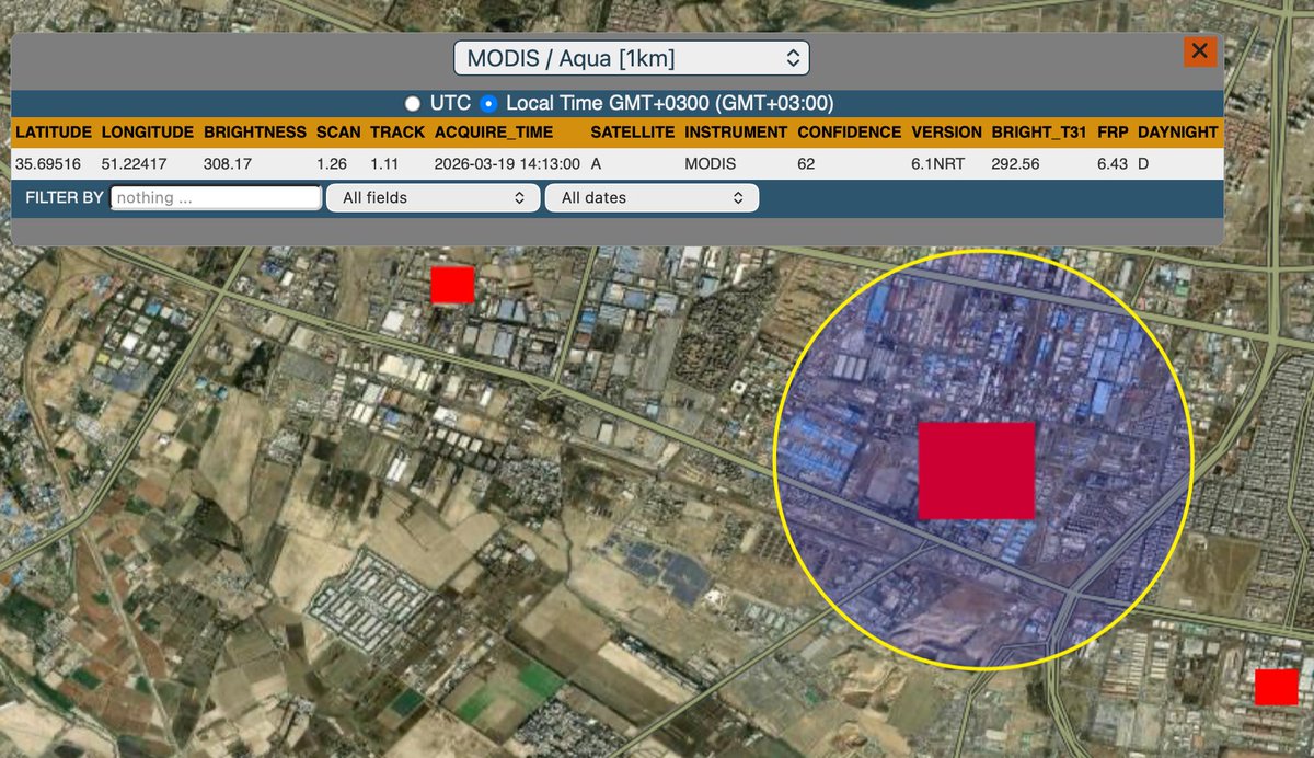IRGC's Shahid Borujerdi Logistic Support HQ was highly likely hit today.
FIRMS confirms an active fire: March 19, 2026 @ 1413Z
Coords:
35.69516, 51.22417
Western Tehran, #Tehran Province, #Iran
(Registered on @mahsaalert as a military zone as well: http://mahsaalert.app/MTI6MTUwOA)