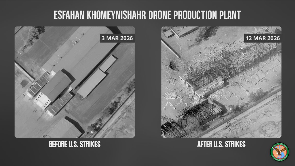 The Esfahan Khomeynishahr Drone Production Plant produced Shahed one-way attack drones that have been used by the Iranian regime to attack targets across the region. The photo dated March 3, 2026, shows the plant before U.S. strikes. The photo taken on March 12, 2026 shows the
