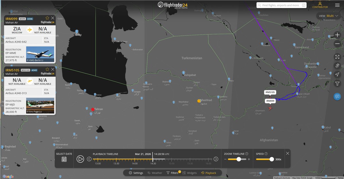 🤷‍♂️ Tweet citado de @thereccelizard: El seguimiento se detuvo/cayó cuando la aeronave se acercó a la frontera iraní. La aeronave pudo haber ido a Teherán (punto rojo) pero tal vez solo llegó hasta Mashhad (punto amarillo).