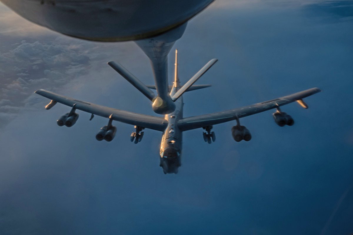 A B-52 Stratofortress gets refueled mid-air during a combat mission, March 20, in support of Operation Epic Fury.