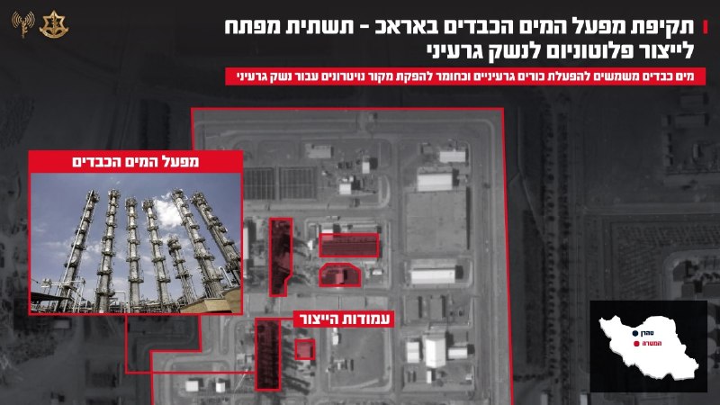 The IDF announced that its Air Force struck the heavy water facility in Arak, Iran, citing rehabilitation attempts and its use for plutonium production.