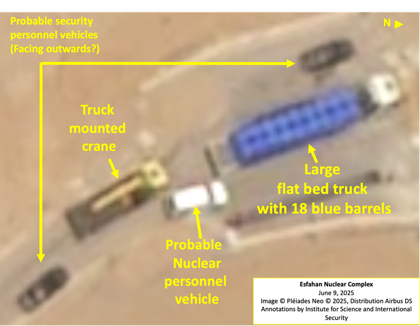 Today @lemondefr published a report on a June 9, 2025, image, “Revealed: Satellite image shows mysterious cargo at Iranian nuclear site in 2025” by Asia Balluffier, @AsiaBalluff. She had brought the remarkably interesting image to our attention almost two weeks ago and cited several of the observations we subsequently provided. Our detailed observations are described in this report: https://isis-online.org/isis-reports/assessment-of-blue-barrels-moved-into-esfahan-mountain-in-days-before-june-2025-war
The image shows a large flatbed truck carrying 18 blue, slightly over one-meter-wide barrels or casks toward the southern tunnel entrance of the underground Esfahan tunnel facility (see images below). The truck is followed by a truck-mounted crane. Three vehicles accompany the trucks, which could be for security and nuclear personnel.
Our overall conclusion is that based on a single satellite image, it is not possible to make a definitive assessment about the contents of the barrels or casks, or to eliminate the remote possibility of Iran spoofing Western intelligence. However, given the overall appearance of the activity in the image (the timing and location, the presence of a security detail with possible accompanying scientific personnel, and the accompanying truck-mounted crane for offloading), it appears to us that, of the many options we considered and detail in our report, the best match is that the blue barrels or casks contain 60 percent enriched uranium enroute to protective storage within the tunnel complex.
Iran may have wanted the shipment to be seen. As of June 9, Iran was in compliance with IAEA monitoring of enriched uranium stocks. Perhaps, Iran wanted to ensure that the IAEA saw the movement of the items, particularly if the shipment contained highly enriched uranium.
https://www.lemonde.fr/en/international/article/2026/03/28/revealed-satellite-image-shows-mysterious-cargo-at-iranian-nuclear-site-in-2025_6751890_4.html