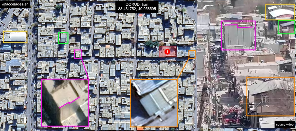 Buildings damaged in Dorud, Iran following reported assassination of a nuclear scientist, geolocated by @acceladealer.