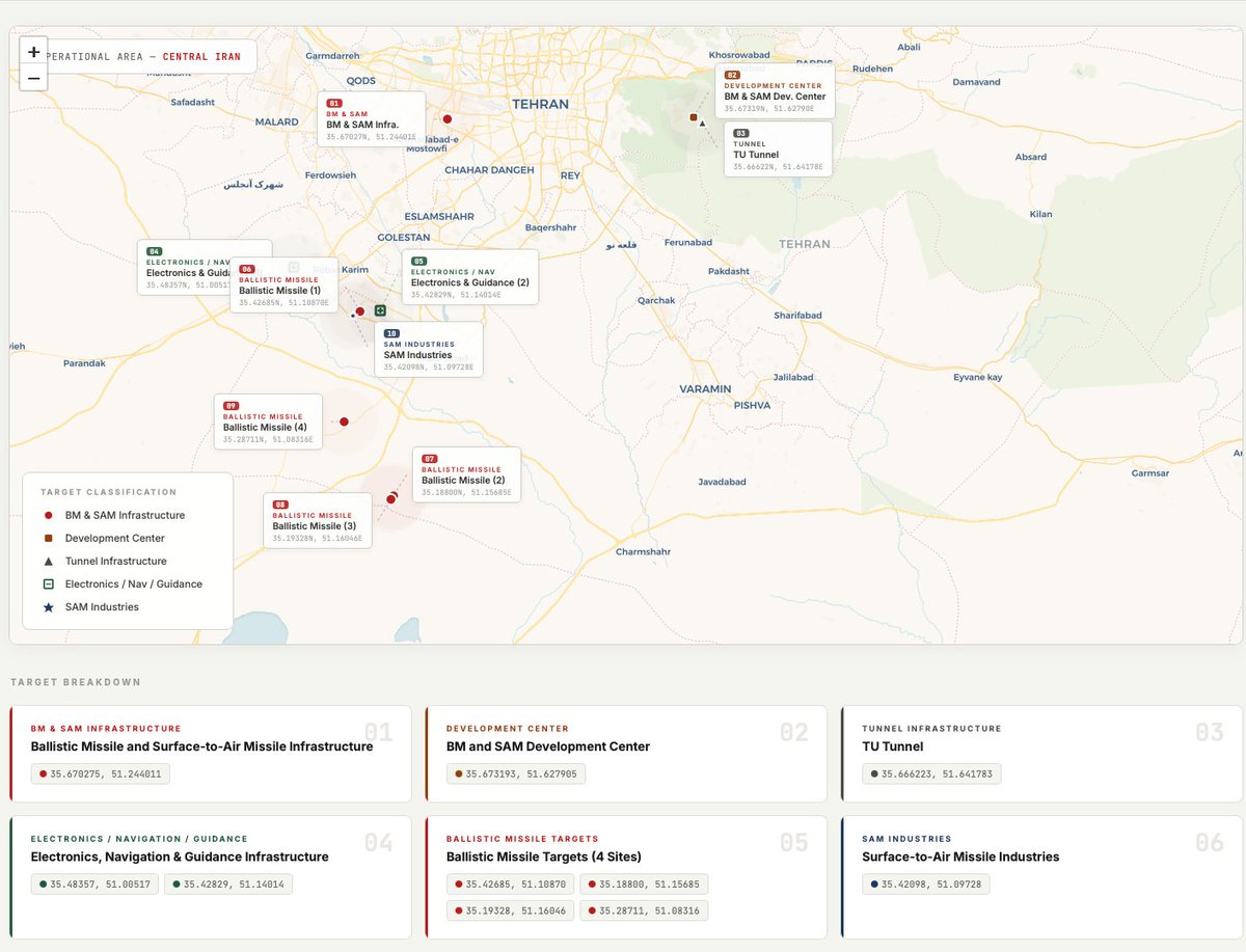 Una lista de ataques aéreos confirmados en las últimas 48 horas contra infraestructura de misiles balísticos y misiles tierra-aire en el centro de Irán, excluyendo asesinatos selectivos.