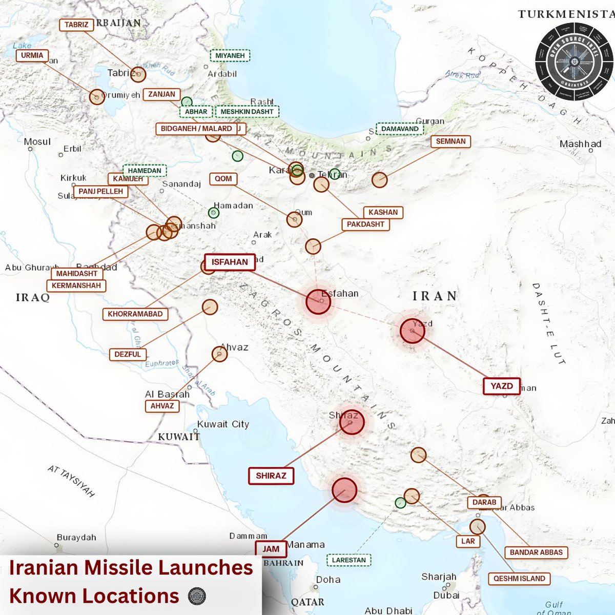 نقشه‌برداری OSINT از حدود ۱,۶۵۰ پرتاب موشک بالستیک ایران از ۲۹ سایت فعال، با تأیید حملات توسط ماهواره و ارزیابی تخریب.