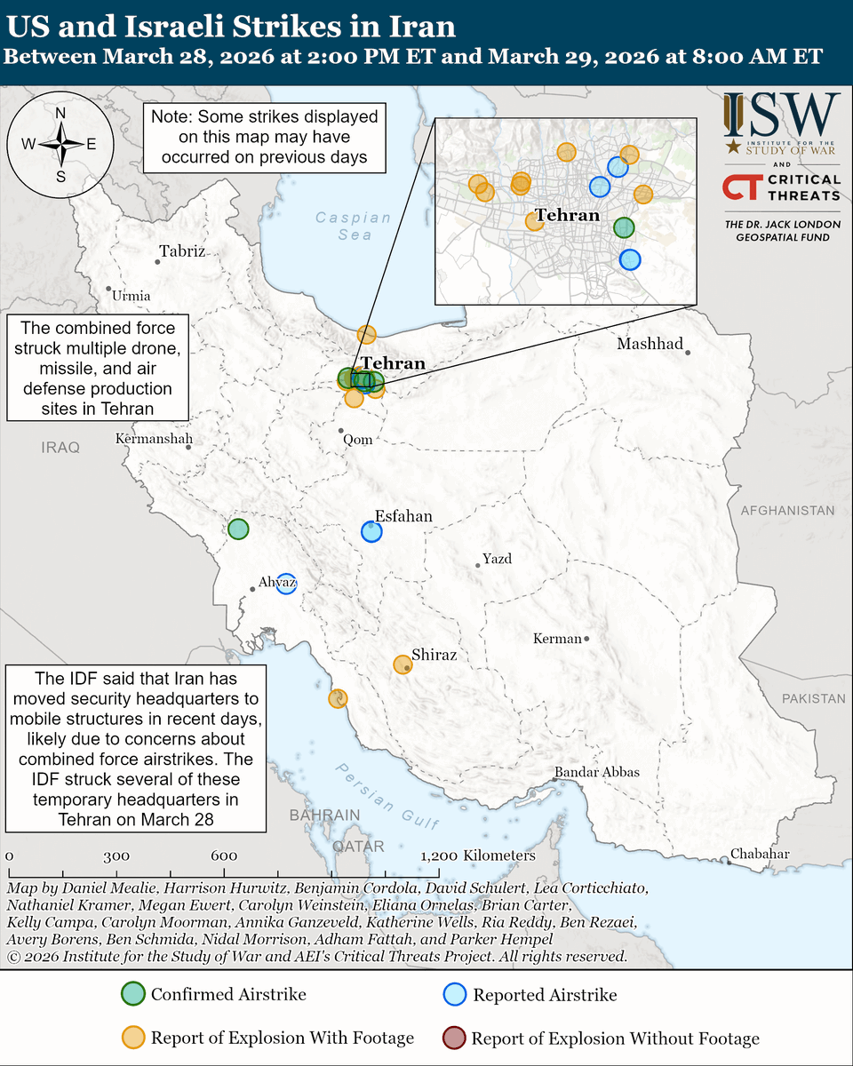 NEW: Iran has conducted five waves of ballistic missile attacks targeting Israel since CTP-ISW’s last data cutoff. Iran launched one missile in three of the waves, two missiles in one wave, and a “small” number of missiles in another wave.
More:
An Iranian ballistic missile “fragment” struck an industrial zone in Ne’ot Hovav, southern Israel, causing a large fire. The industrial zone houses at least 19 chemical companies. Israel advised residents in the area to stay inside to avoid exposure to toxic chemicals. An Iranian missile also struck an open area in Beer Sheva, causing at least 11 injuries from "flying objects" caused by the shockwave from the missile impact.
Iran also continued to attack the Gulf countries. Iranian missiles struck two aluminum factories in the UAE and Bahrain. The Emirates Global Aluminum CEO said that this company’s facility sustained "significant damage." This company reportedly supplies about four percent of the world’s aluminum.
Iran’s strikes on regional aluminum factories follow combined force strikes on Iranian steel factories on March 27 and 28.
The combined force continued to target Iran’s defense industrial base to degrade its weapons production capabilities. The combined force struck multiple drone, missile, and air defense production sites in Tehran.
The combined force also continued to target Iranian internal security institutions to degrade Iran’s repressive apparatus. An OSINT account (@hey_itsmyturn) reported airstrikes near the Islamic Republic of Iran Broadcasting (IRIB) complex in Tehran. IRIB is the Iranian state broadcaster that the regime uses to disseminate propaganda. The IDF has previously struck the IRIB headquarters. The source noted that there are Islamic Revolutionary Guards Corps sites near the complex.
The IDF said that Iran has moved security headquarters to mobile structures in recent days, likely due to concerns about combined force airstrikes. The IDF struck several of these temporary headquarters in Tehran on March 28.
The combined force continued to kill senior Iranian officials. Iranian media reported that airstrikes killed the head of research at the Organization of Defensive Innovation and Research (SPND) in Borujerd, Lorestan Province, on March 28. The SPND played a leading role in Iran’s nuclear weapons research program before 2003.