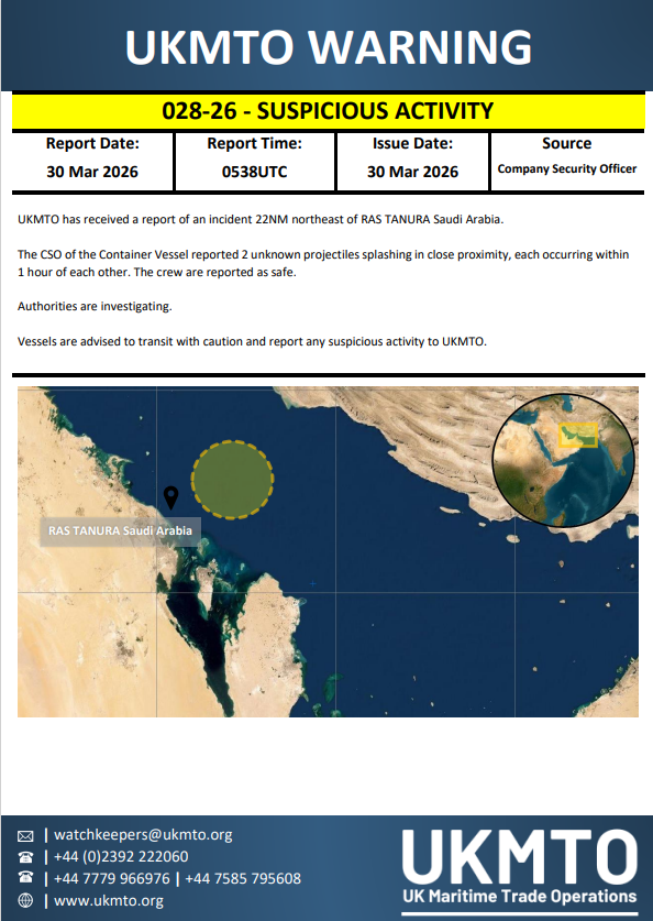 UKMTO issues Warning 028-26 regarding suspicious maritime activity, urging caution.