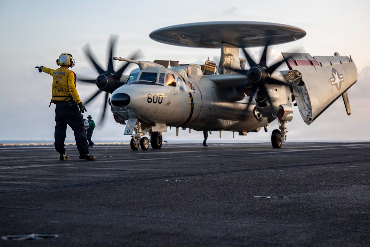 An E-2D Advanced Hawkeye prepares to launch from USS Abraham Lincoln (CVN 72) during Operation Epic Fury. The E-2D collects and distributes data that provides a clearer tactical picture to command centers and other assets about what’s happening in the skies.