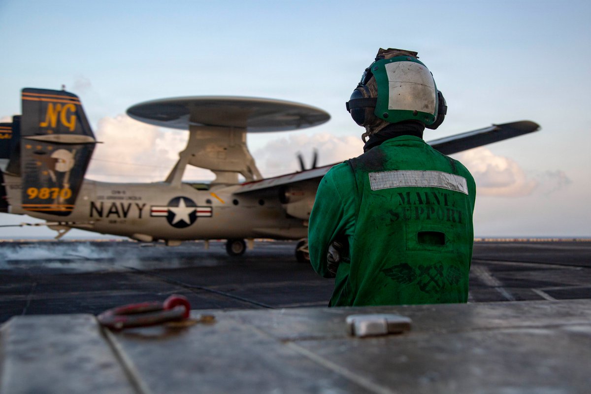 An E-2D Advanced Hawkeye prepares to launch from USS Abraham Lincoln (CVN 72) during Operation Epic Fury. The E-2D collects and distributes data that provides a clearer tactical picture to command centers and other assets about what’s happening in the skies.