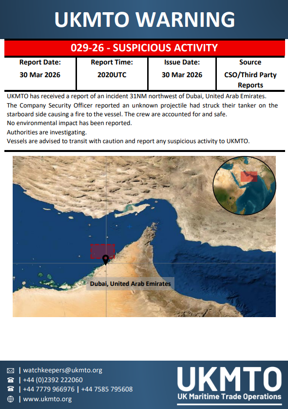 UK Maritime Trade Operations issues Warning 029-26 regarding maritime security.