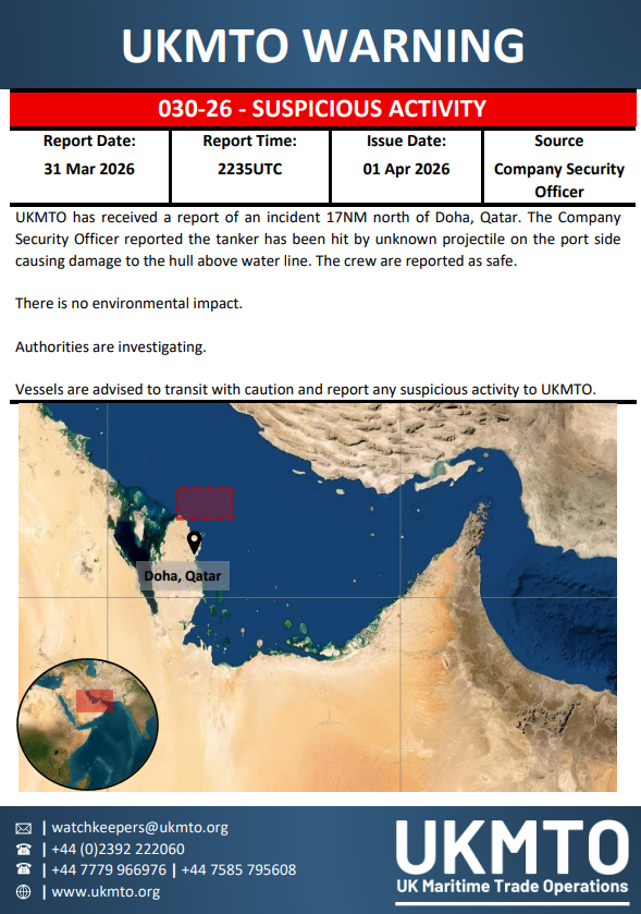 UKMTO issues maritime security warning 030-26.