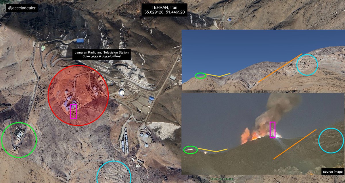 Smoke and fire were seen near the Jamaran Radio and Television Station in the hills north of Tehran, with coordinates provided by a geolocated tweet.