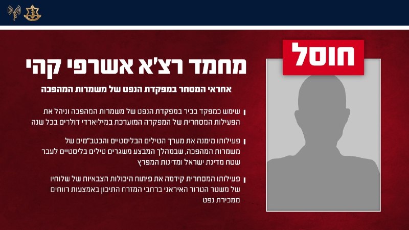צה"ל הודיע על חיסולו של מוחמד רזא אשרפי כוהי, מפקד בכיר במפקדת הנפט של משמרות המהפכה, בתקיפה באזור טהרן שנועדה לשבש את התעצמות צבאית הממומנת ממכירות נפט.