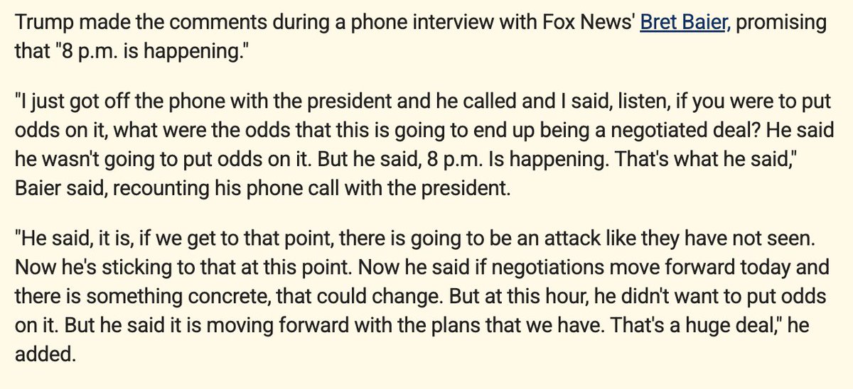 El presidente Trump le dijo a Fox News que no apostaría a que las negociaciones tengan éxito y que 'las 8 p.m. están ocurriendo'.