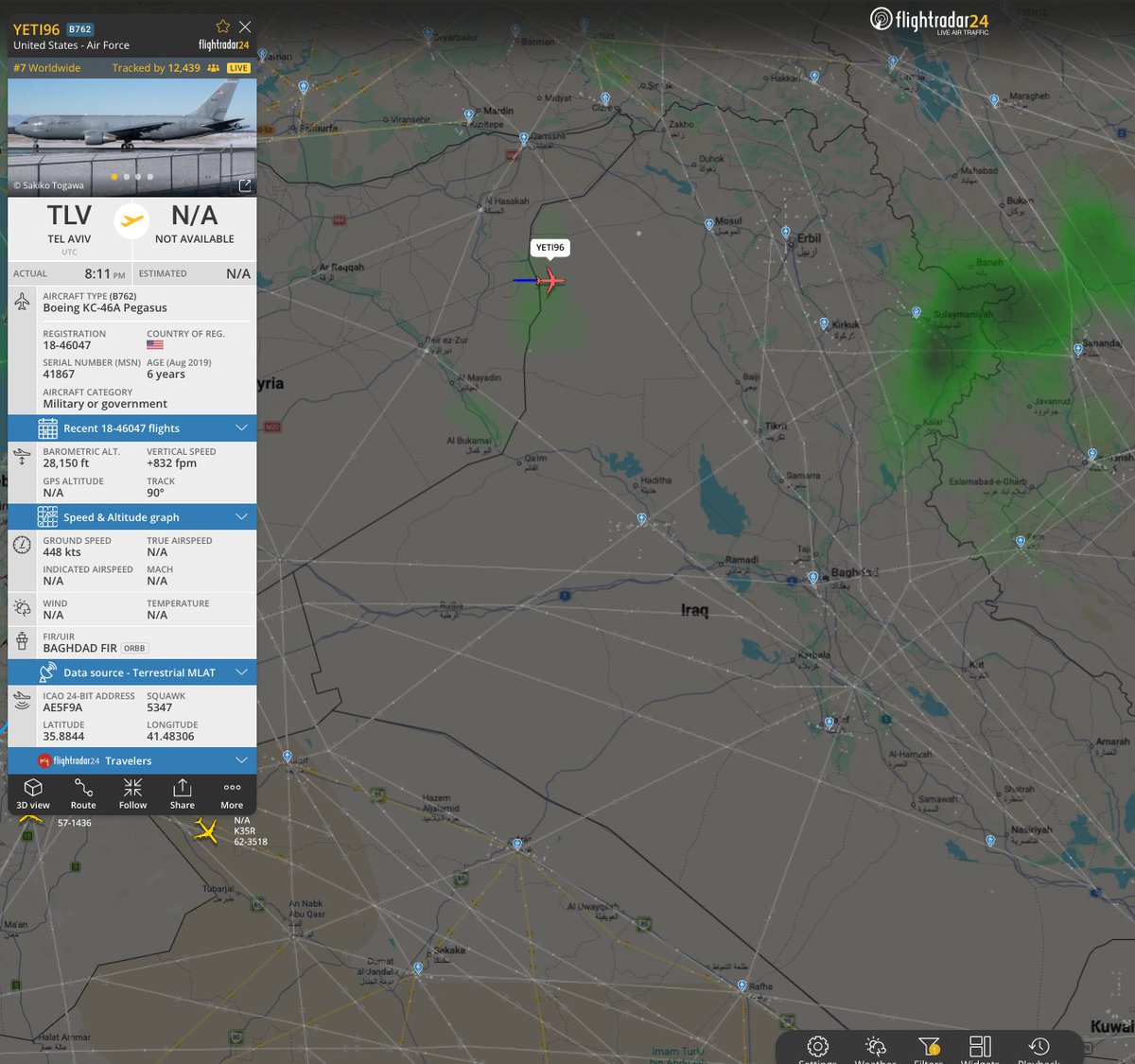 A Pegasus aircraft (AE5F9A, callsign YETI96) entered Iraqi Flight Information Region heading southeast.
