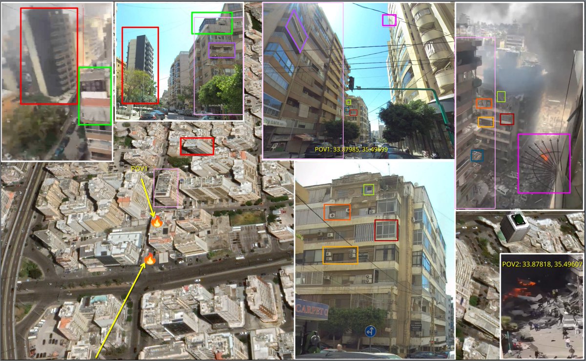נראים נזק לבניין ושריפה לאחר תקיפה אווירית ישראלית בקורניש אל-מזרעה, ביירות, לבנון.