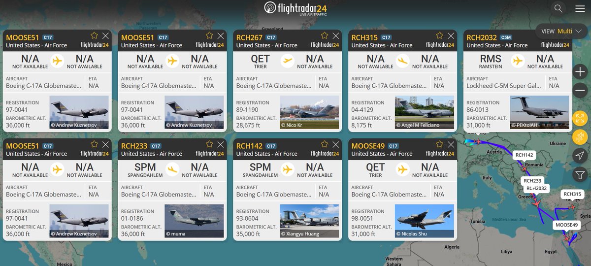 At least nine U.S. Air Force cargo aircraft, including eight C-17As and one C-5M, are currently flying between U.S. bases in Europe and the Middle East.