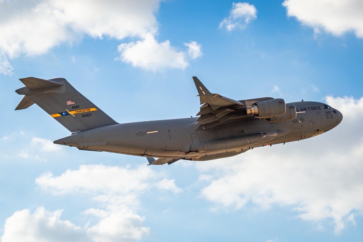 A U.S. Air Force C-17 Globemaster III, capable of carrying over 170,000 lbs and landing on runways as short as 3,500 feet, takes off from a base in the Middle East.