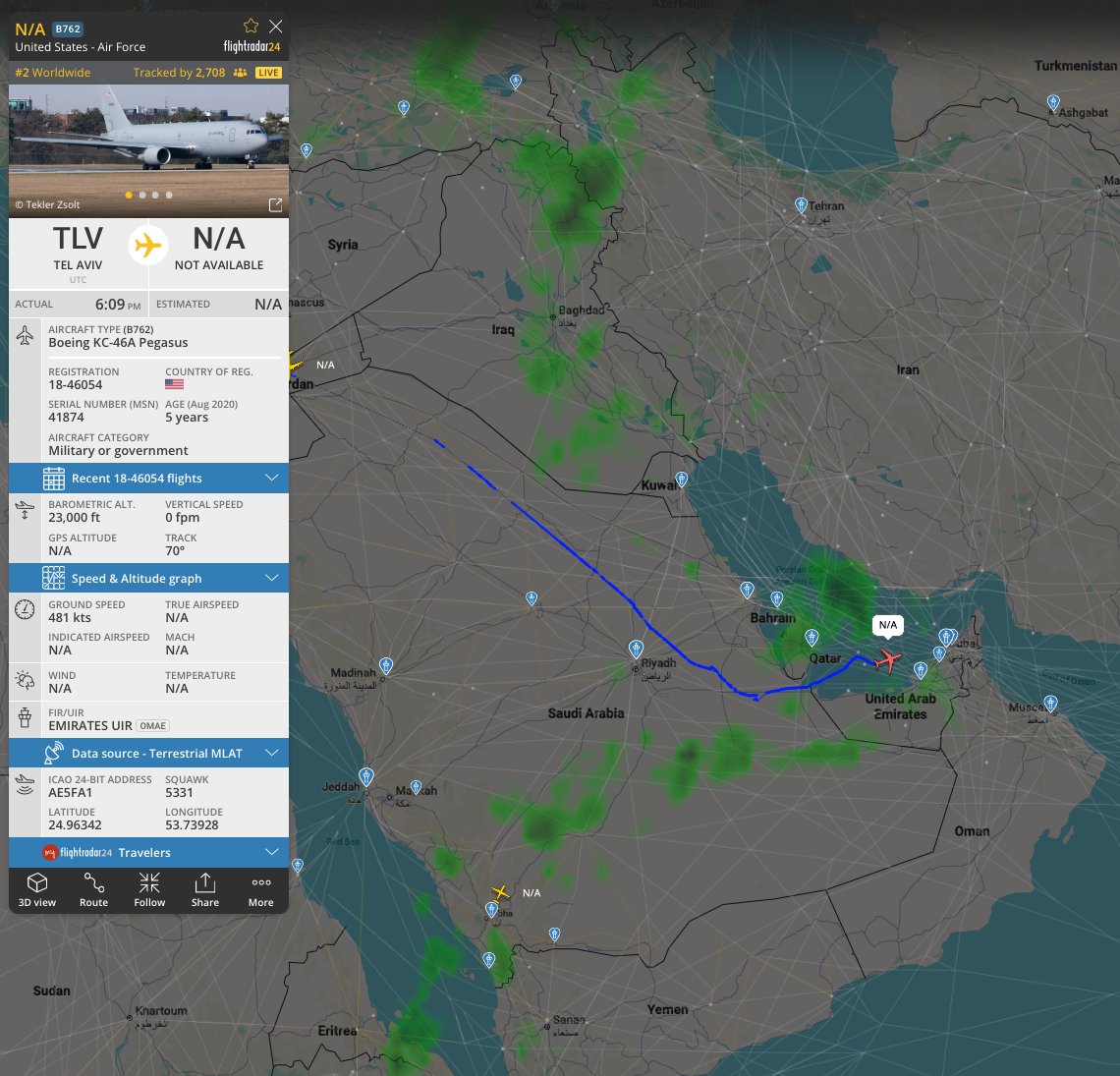 A USAF Pegasus aircraft (18-46054, AE5FA1) was observed flying at FL230 over the Persian Gulf.
