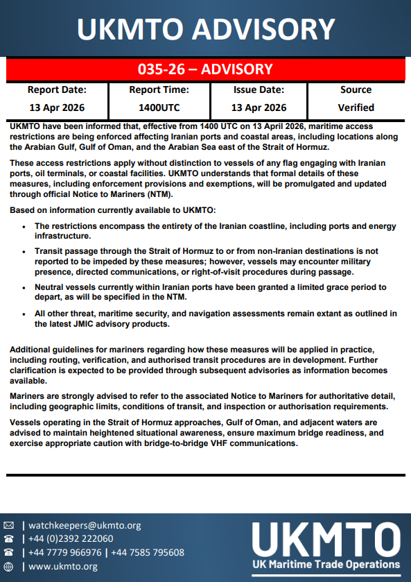 UKMTO has issued Advisory 035-26 regarding maritime security.