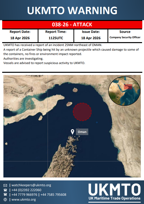 UKMTO issues Warning 038-26 regarding a maritime security incident.