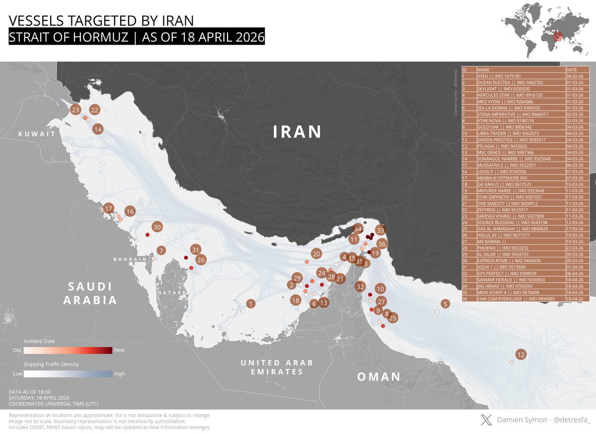 A map documents at least 36 incidents of merchant vessels being targeted by Iran since February 2026 amid the ongoing West Asia conflict.