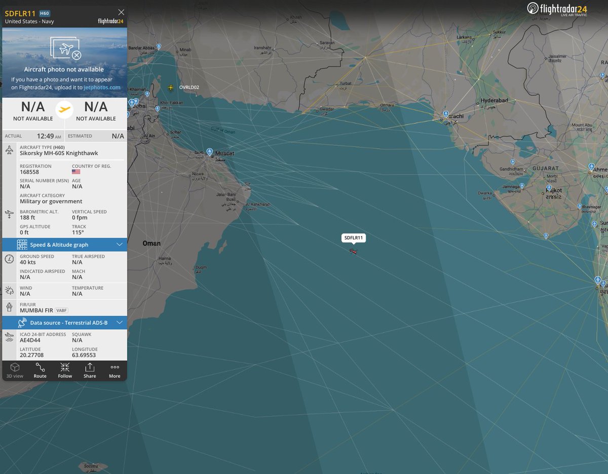 A US Navy HSC-21 MH-60S Knighthawk helicopter is being tracked over the Arabian Sea.