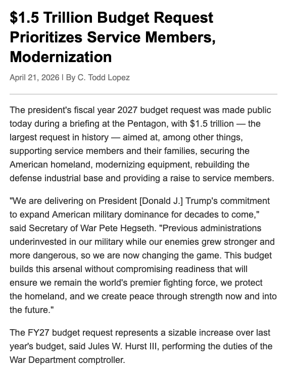 The FY2027 U.S. defense budget request totals $1.5 trillion, a 42% increase focused on modernization, pay raises, and industrial base expansion.