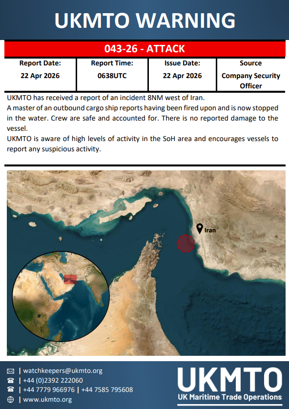 UKMTO has issued Warning 043-26 regarding maritime security.