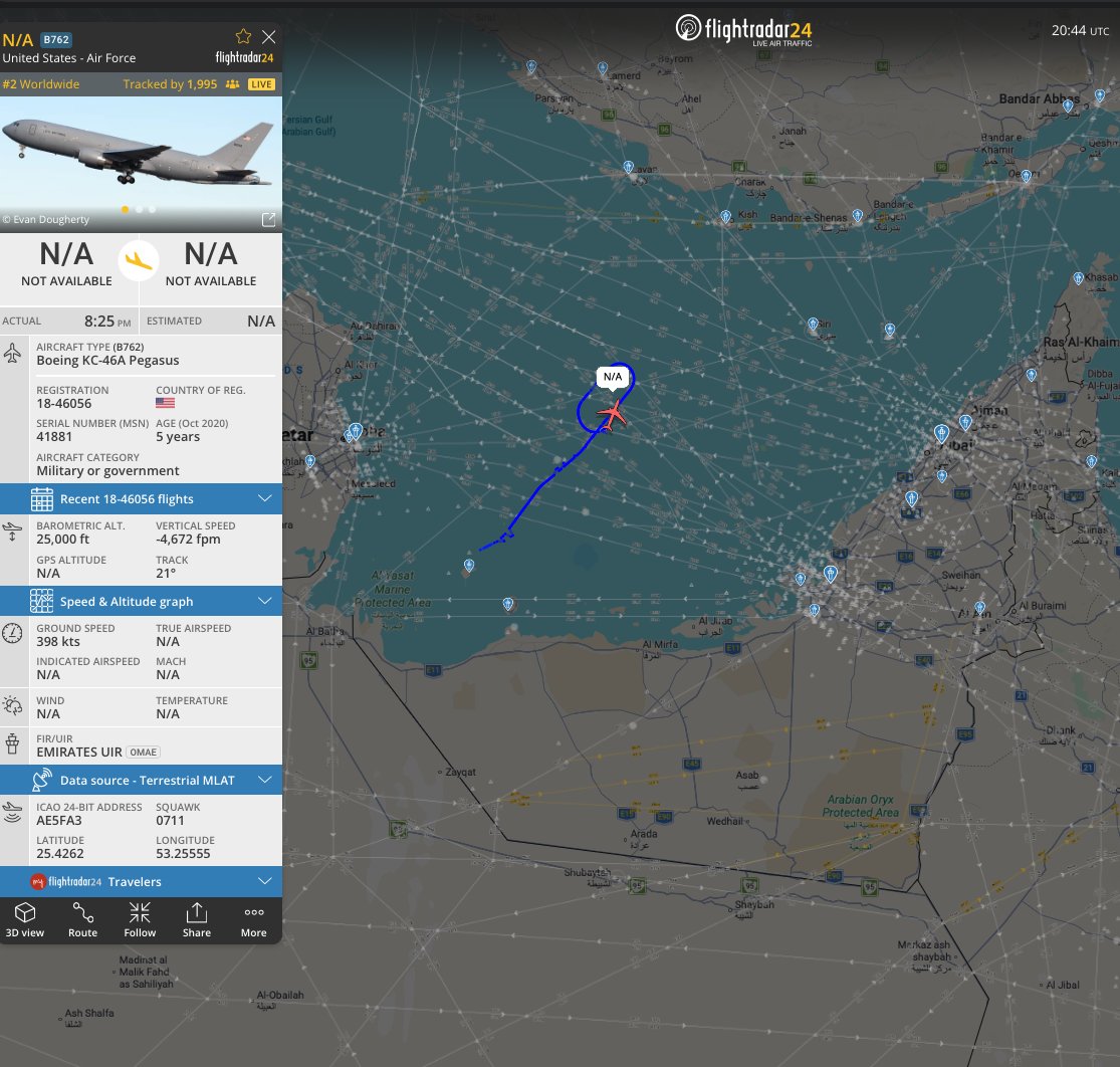 A USAF KC-46 tanker was observed conducting aerial refueling over the Persian Gulf.