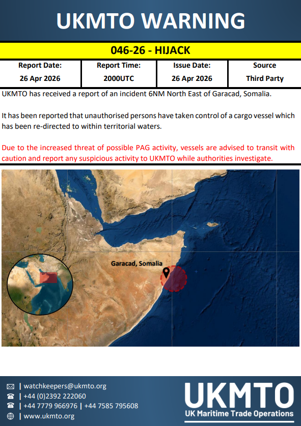 UKMTO issues a maritime security warning (046-26) for vessels in the region.