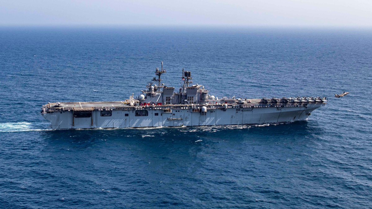 A U.S. Marine Corps F-35B Lightning II launches from amphibious assault ship USS Tripoli while sailing in the Arabian Sea.
