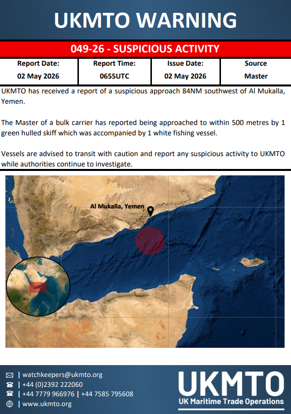UKMTO issues Warning 049-26 regarding suspicious maritime activity, with full details available in the linked PDF.