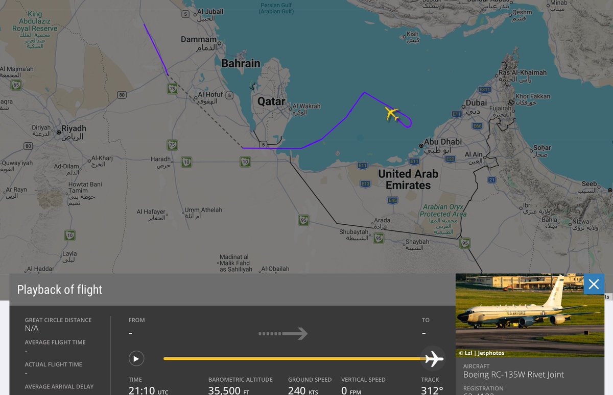 A U.S. Air Force RC-135 Rivet Joint aircraft was tracked conducting an ISR/SIGINT mission over the Persian Gulf.