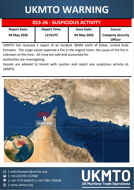 UKMTO reports a fire in the engine room of a cargo vessel 36 nautical miles north of Dubai; all crew safe.