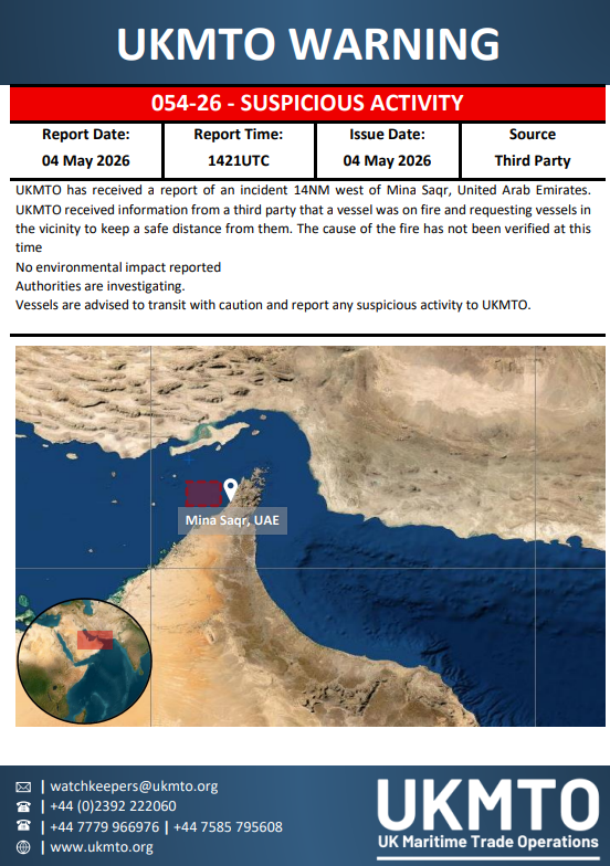 UKMTO issues Warning 054-26 for maritime security concerns; full details available via PDF.